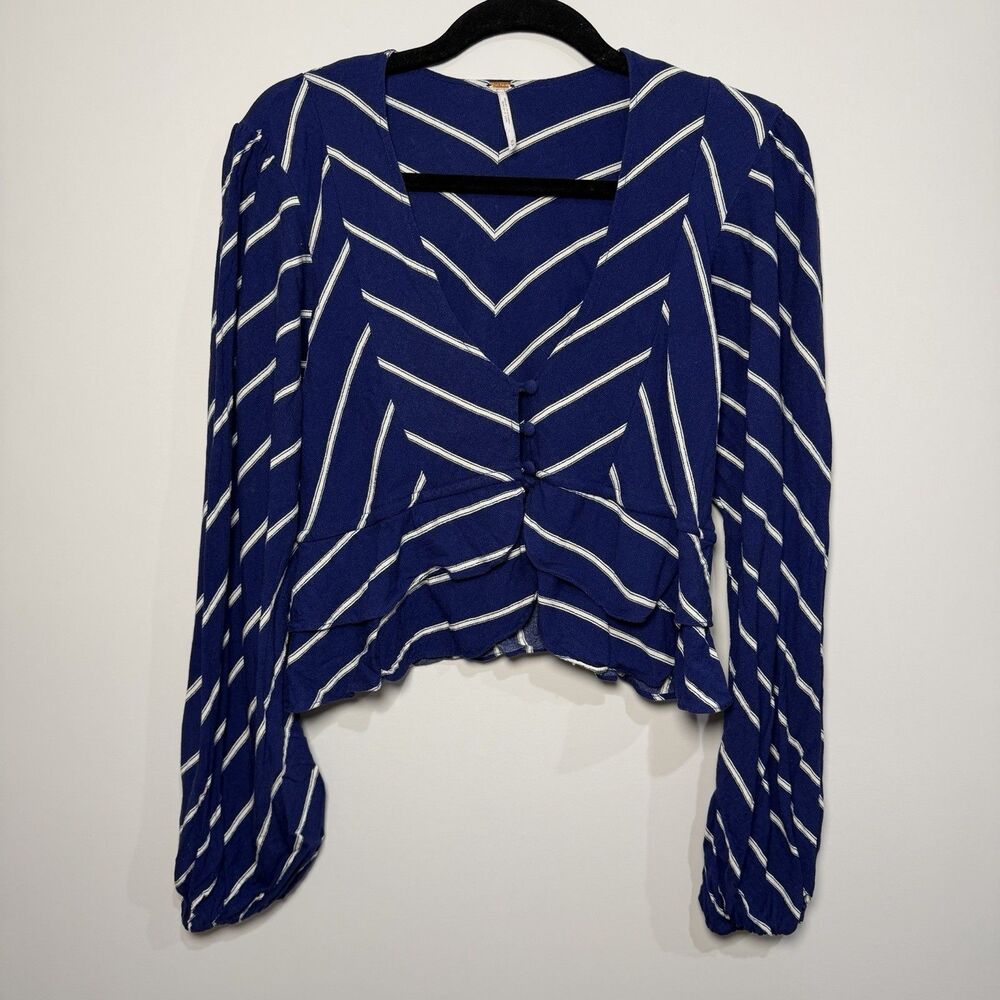 Free People Womens Blue Striped Crop Top Blouse Size M Boho Button Front
